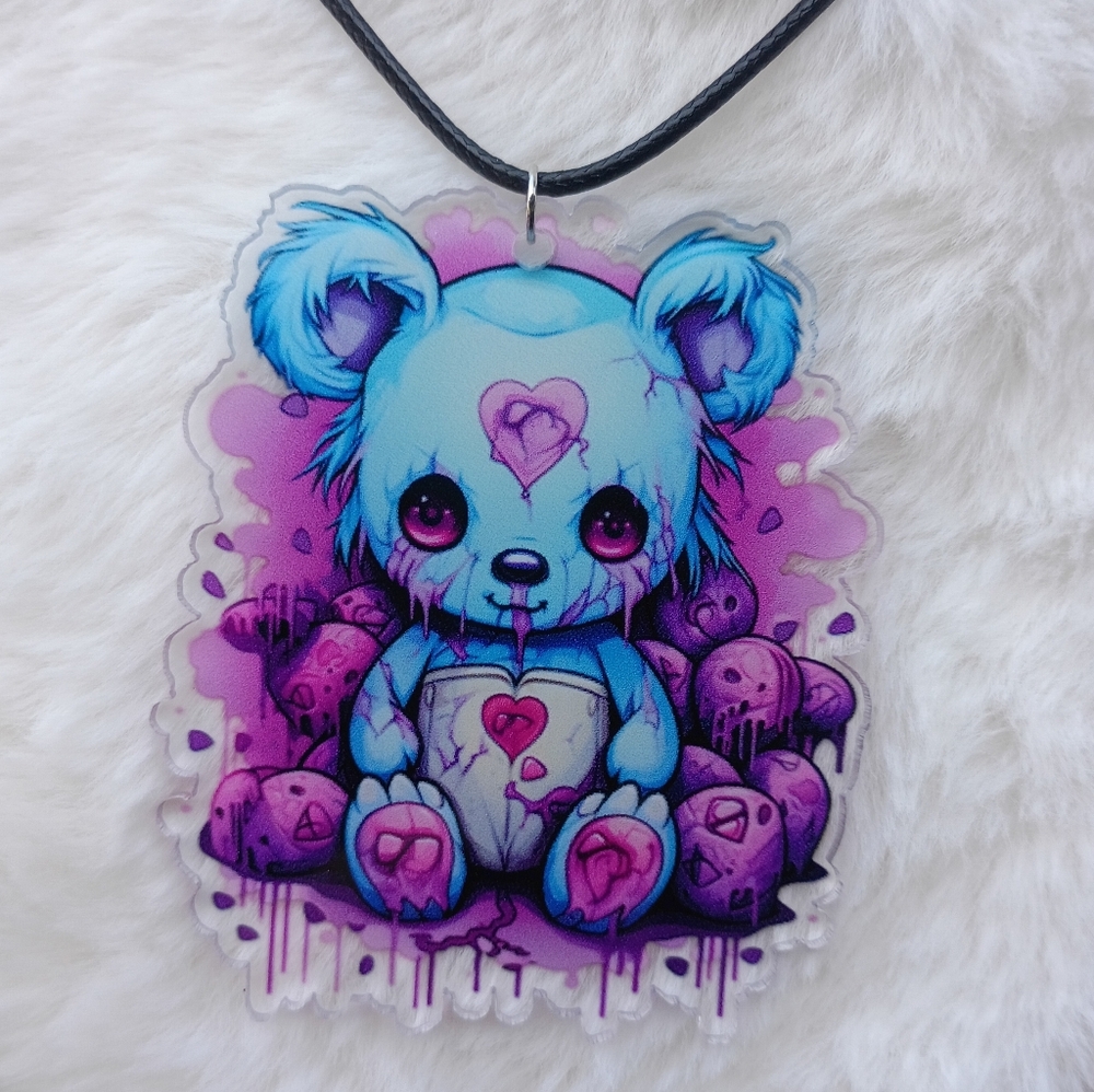 2/$10 Blue & Purple Horror Pastel Kawaii Goth Heart Bear Acrylic Necklace